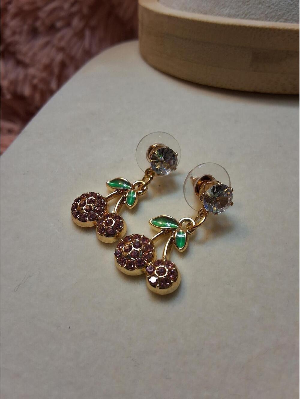 CHERRY POST AND DANGLE EARRING GOLD FASHION PINK SMALL RHINESTONE 3